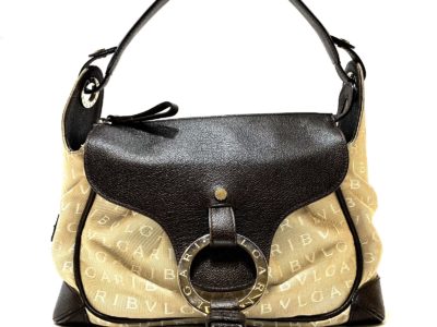 ブルガリ ロゴマニア キャンバス レザー ショルダーバッグ